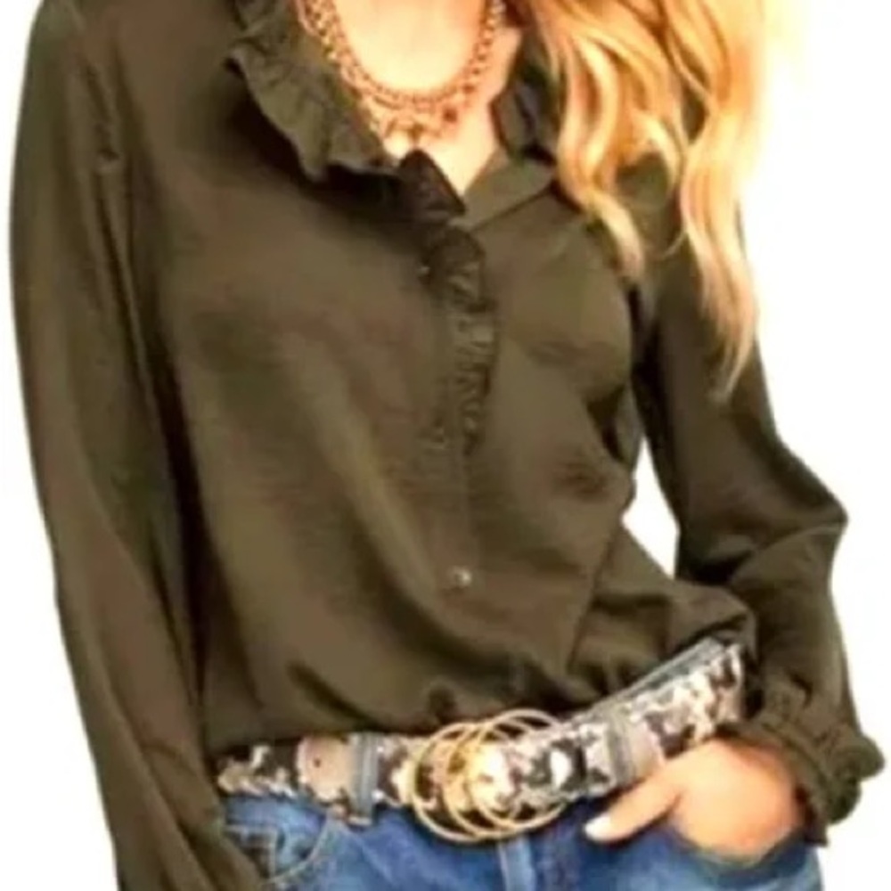 Cabi Icon Olive Blouse with Ruffle Accent